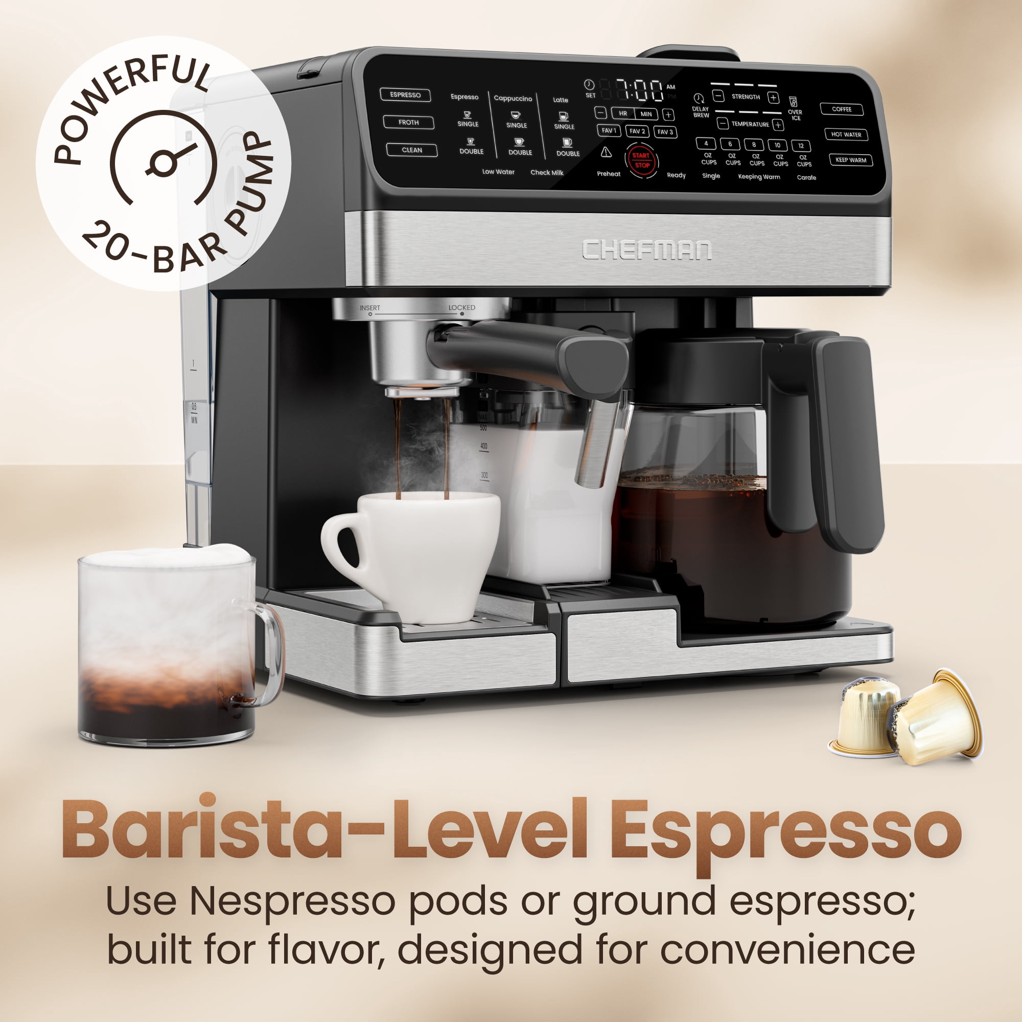 Chefman Coffee Station, Coffee Maker Espresso Machine Combo, Automatic Milk Frother – Black