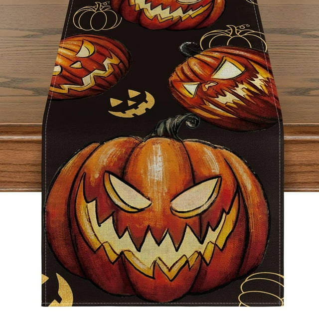 1PCS Black Evil Pumpkin Cute Fall Table Runner,Seasonal Autumn Kitchen Dining Table Decoration for Home Party Decor 13x72 Inch