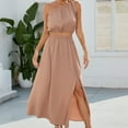 thumbnail image 3 of Drindf Dresses for Women Casual 2 Piece Solid Maxi Dress Summer One Shoulder Crop Top High Waisted Maxi Dress Trendy Split Skirt Set Boho Dress, 3 of 6