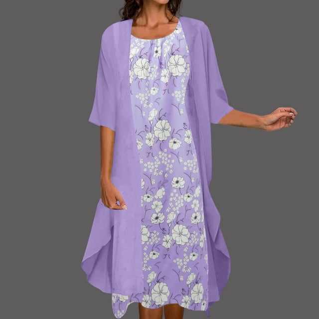 WILLBEST Vestidos Largos Casuales Para Mujer, Vestido Informal Bordado Para Mujer, Vestido De Manga Redonda Con Cuello Redondo, Cárdigan De Gasa Con Chal De Media Manga, Vestido De Dos Piezas