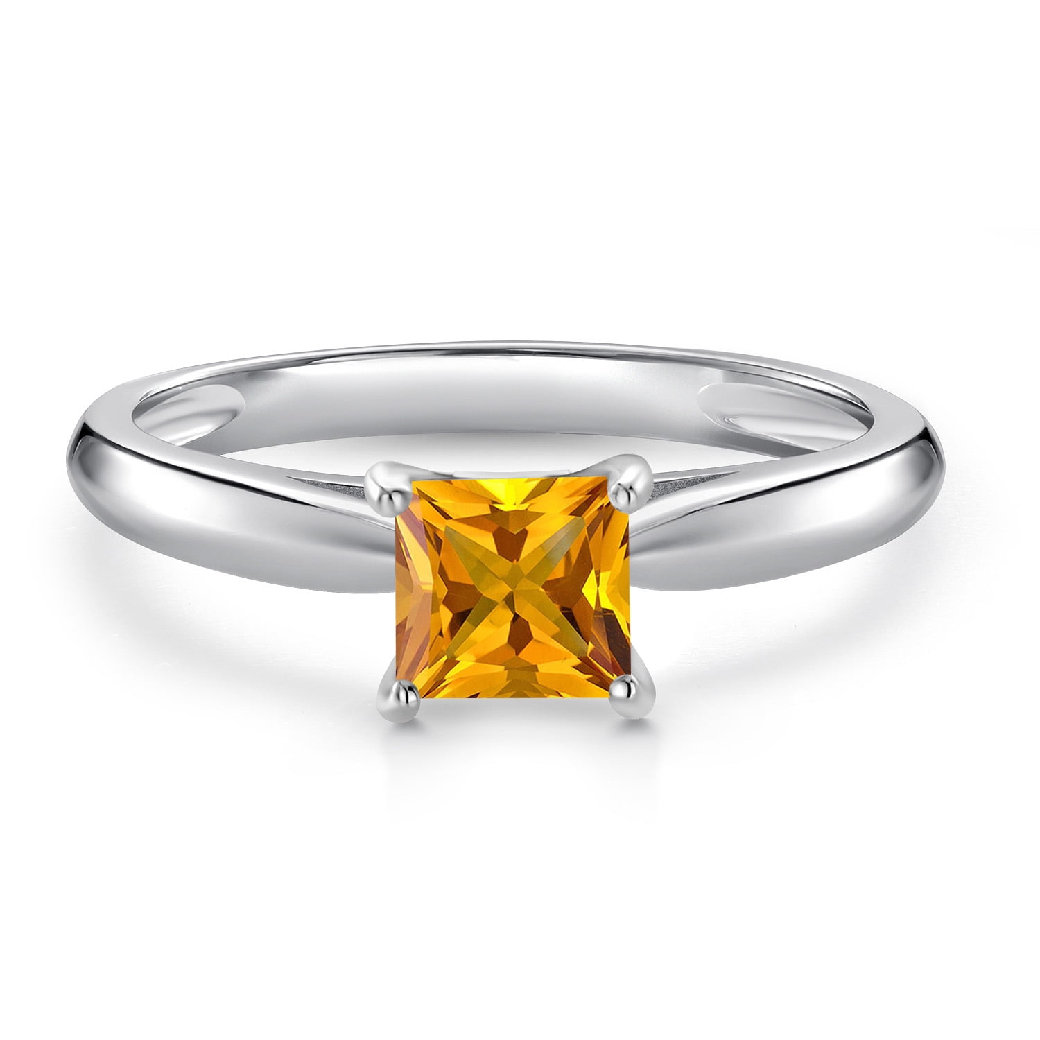 Gem Stone King 10K White Gold Yellow Citrine Engagement Ring for Women | 0.60 Cttw | Princess 5MM | Gemstone November Birthstone | Size 9