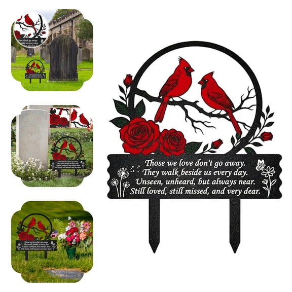 Metal Cemetery Memorial Plaque for Remembrance Cardinal Graveyard Decorations for Humans Red Markers With Roses Cross Sign Garden Outdoor Stake Headstones Easter Sympathy Gifts Tombstones,1PC