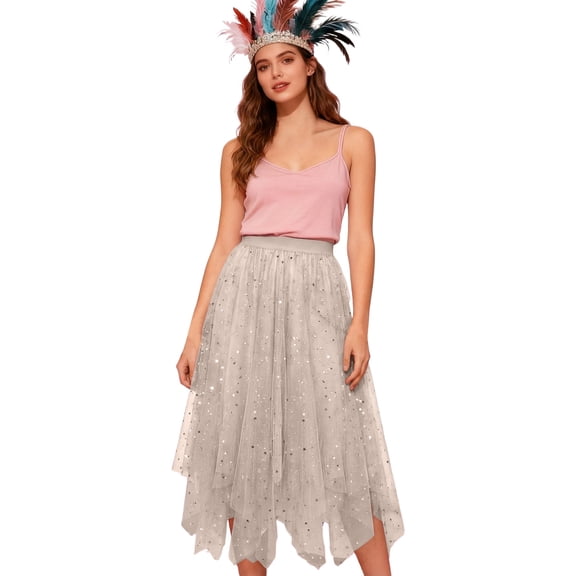 Sparkle Skirt for Women Glitter Mesh Tiered Midi Skirt with Elegant Irregular Hem and Sheer Layers Beige One Size