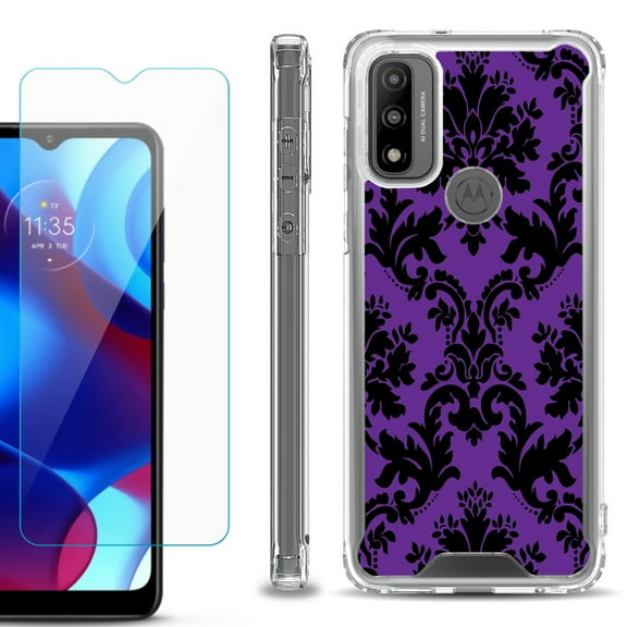 Shockproof Bumper Phone Case for Motorola Moto G Pure, with Tempered Glass Screen Protector, by OneToughShield ® - Victorian Purple/Black