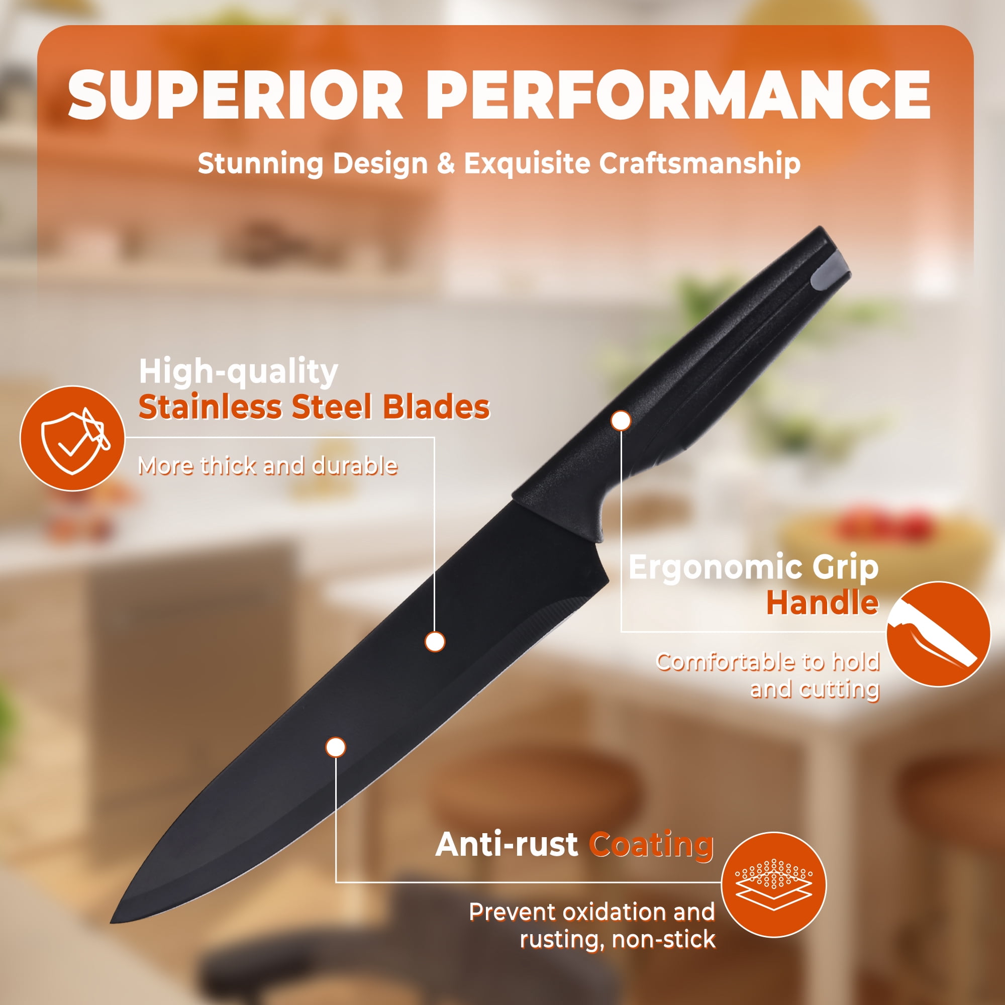 HDJ Kitchen Knife Set, 14Pcs Knife Set with Block and Built-in Sharpener, Healthy Anti-Rust Coating, Black