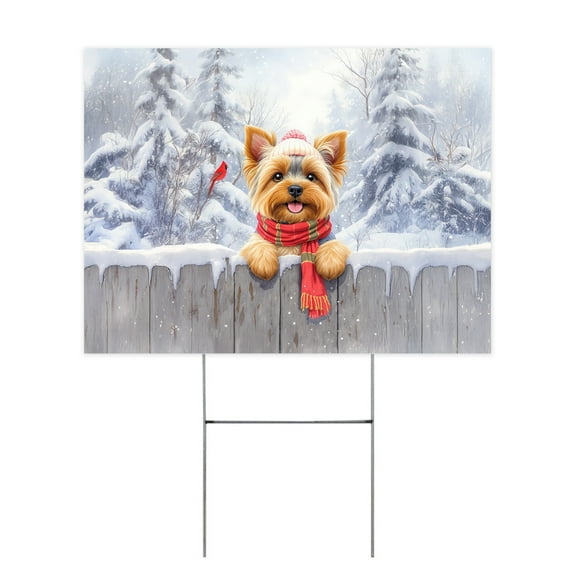 Playful Yorkshire Terrier Welcomes Winter Snowy Day with Cardinal Bird Yard Sign Yorkie Dog Lover Gifts Outdoor Home Lawn Garden Porch Decor - 2017