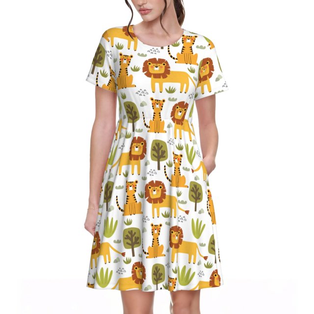 Disketp Tiger Lion para Vestido de Manga Corta para Mujeres, Vestidos de Verano para Mujeres, Casual y Holgado para la Playa