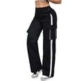 thumbnail image 2 of Maqroz Pantalon Cargo Femme Grande Taille Extensible Y2K Rayé Jambe Droite avec Poches Bouton Taille Élastique Randonnée Jogger Ample Jambe Grand Mode Urbaine Noir TG, 2 of 6