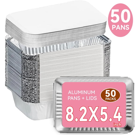 50 Packs Aluminum Pans with Lids (8.26"×5.5"), Foil Baking Tins, Disposable Foil Containers with Lids, Covers Pans and Cardboard - for Baking Cakes, Bread, Meatloaf, Lasagna