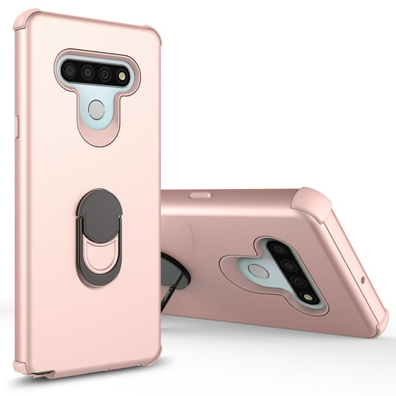 LG K31 Case, LG K8X/Aristo 5 Plus/Aristo 5/Phoenix 5/Fortune 3/Risio 4/Tribute Monarch Case, Rosebono 3-Layer Slim Hard Cover With Metal Ring Stand Armor Case for LG K31 (Rose Gold)