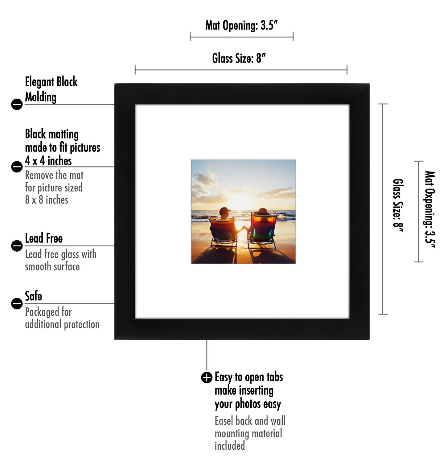 8 x 8 Black Picture Frame - Displays Photos 4 x 4 with Mat