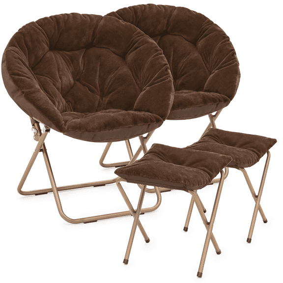 RTRWDC Set of 2 Brown Faux Fur Folding Saucer Chairs with Ottoman, 250lbs Capacity Metal Frame, No-Assembly Indoor Outdoor Lounge Moon Chairs