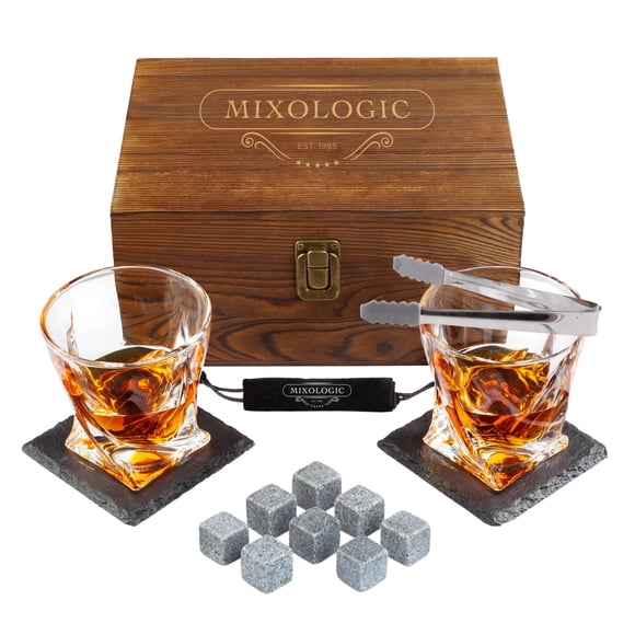 MIXOLOGIC Set de Regalo con Vasos de Vidrio Vintage Swirl para Whisky, 8 Hielos de Piedra Saponita y Bolsa Transportadora, Pinzas de Acero, 2 Posavasos de Piedra y Caja de Madera de Pino, Gift Set