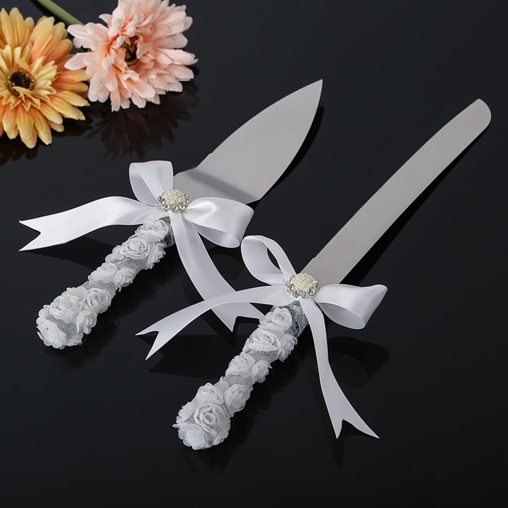 Wedding Cake Knife and Server Set Ivory White Ribbon & Swarovski ...