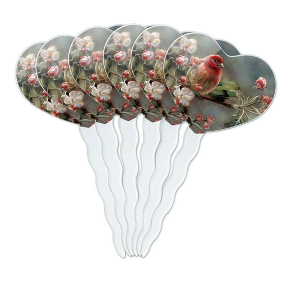 Purple Finch Bird Tree Blossoms Heart Love Cupcake Picks Toppers Decoration Set of 6