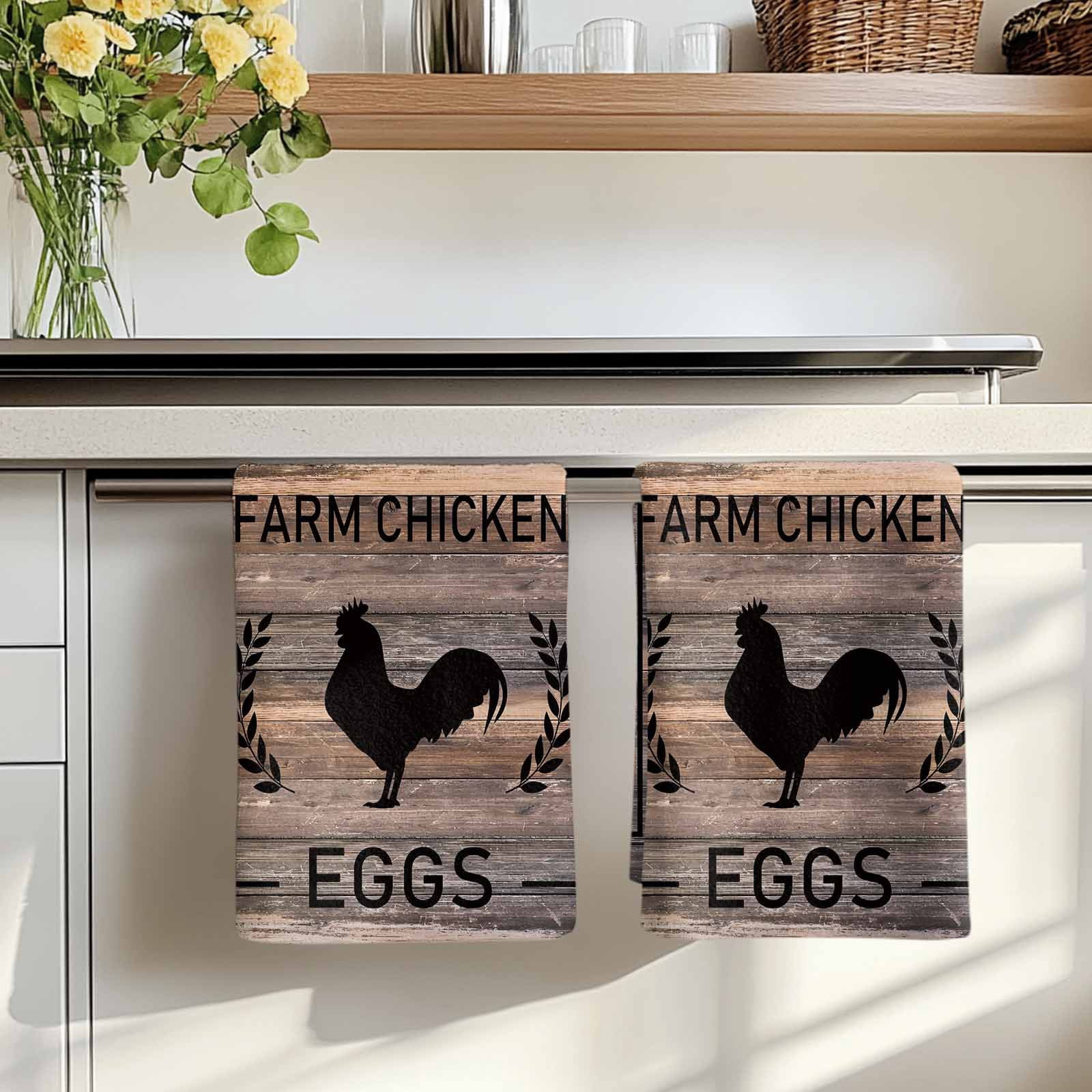 Dish Towels, Chicken Eggs Absorbent Kitchen Towels 2 PCS, Farmhouse Animal Brown Wood Grain Microfiber Hand Towels Dish Cloths Tea Towels for Home&nbsp;Bathroom Cleaning Drying,18X28-Inch,
