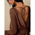 thumbnail image 4 of Coffee Brown Satin Short Dress With Open Back Tie Detail And Flared Sleeves, 4 of 7