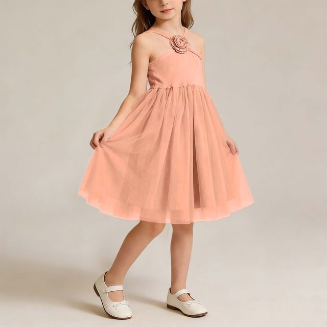 Pounoo Womens Sundresses Halter Neck Rose Decor Tulle Skirt Lightweight Sweet Style (For Small Wearers) Gift