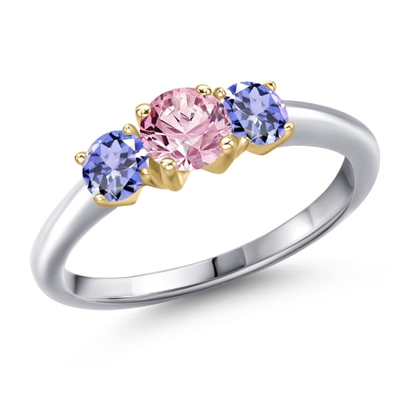 Gem Stone King 10K Two Tone Gold Pink Lab Grown Diamond and Blue Tanzanite Engagement Ring for Women | 1.10 Cttw | Round 5MM | Gemstone April Birthstone | Size 6
