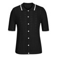 thumbnail image 3 of Lovskoo Mens Button Down Short Sleeve Shirt Collared Shirt Trendy Knit Hollow Out Casual Solid Color Blouse Shirt Black, 3 of 6