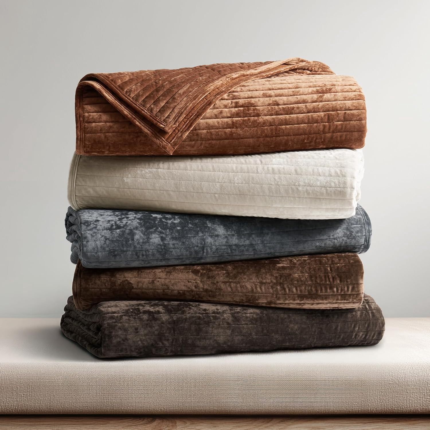 EVERGRACE Velvet Quilt Set Queen Size, Luxurious Soft Striped Channel Bedding Set, Lightweight Velvet Comforter for All Season, Oversized Bedspread Coverlet with 2 Matching Shams, Dark Brown