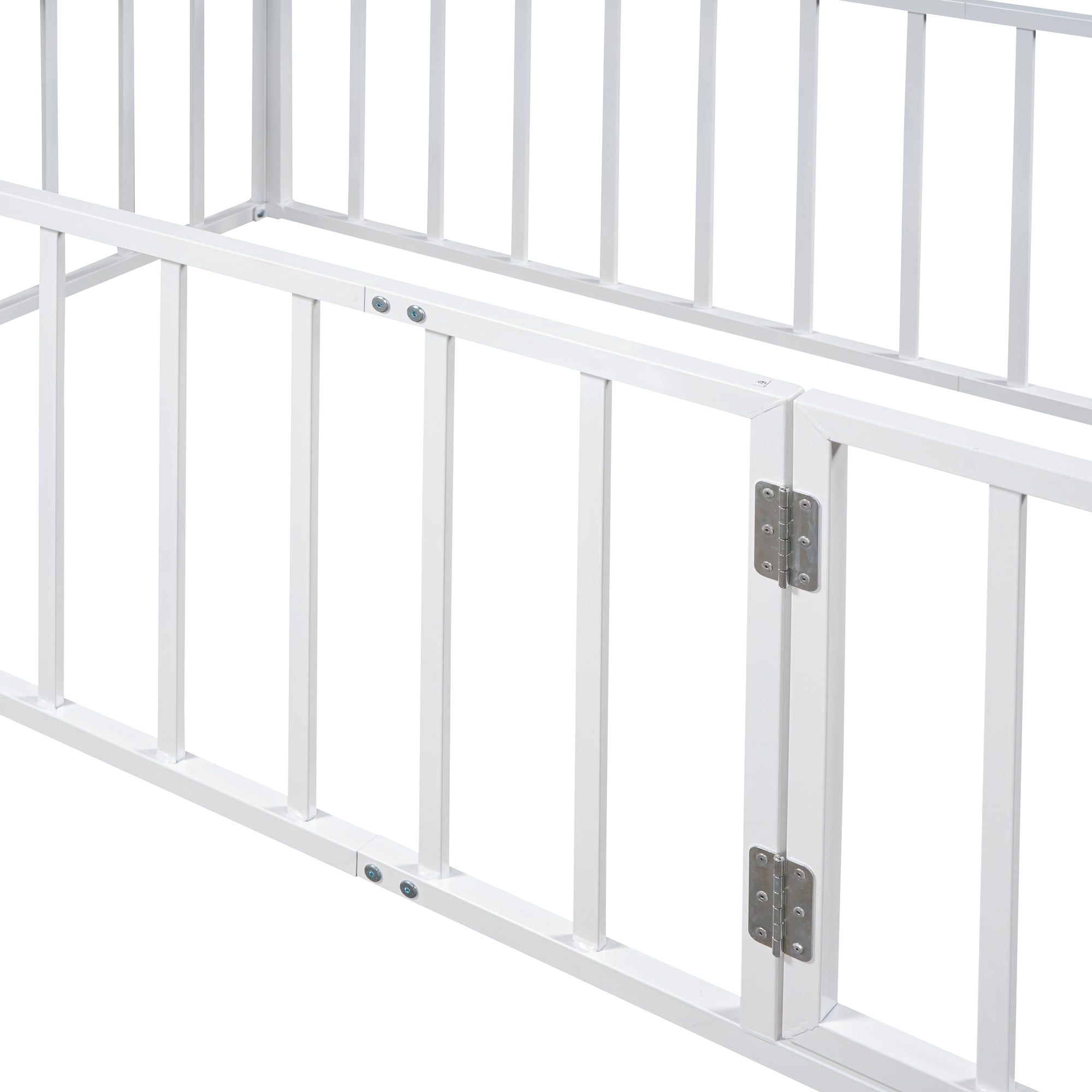 Twin Size Floor Bed for Kids, Metal Montessori Floor Bed with Fence Guardrails and Door, Kids Montessori Bed Frame Toddler Bed for Boys Girls, No Slats