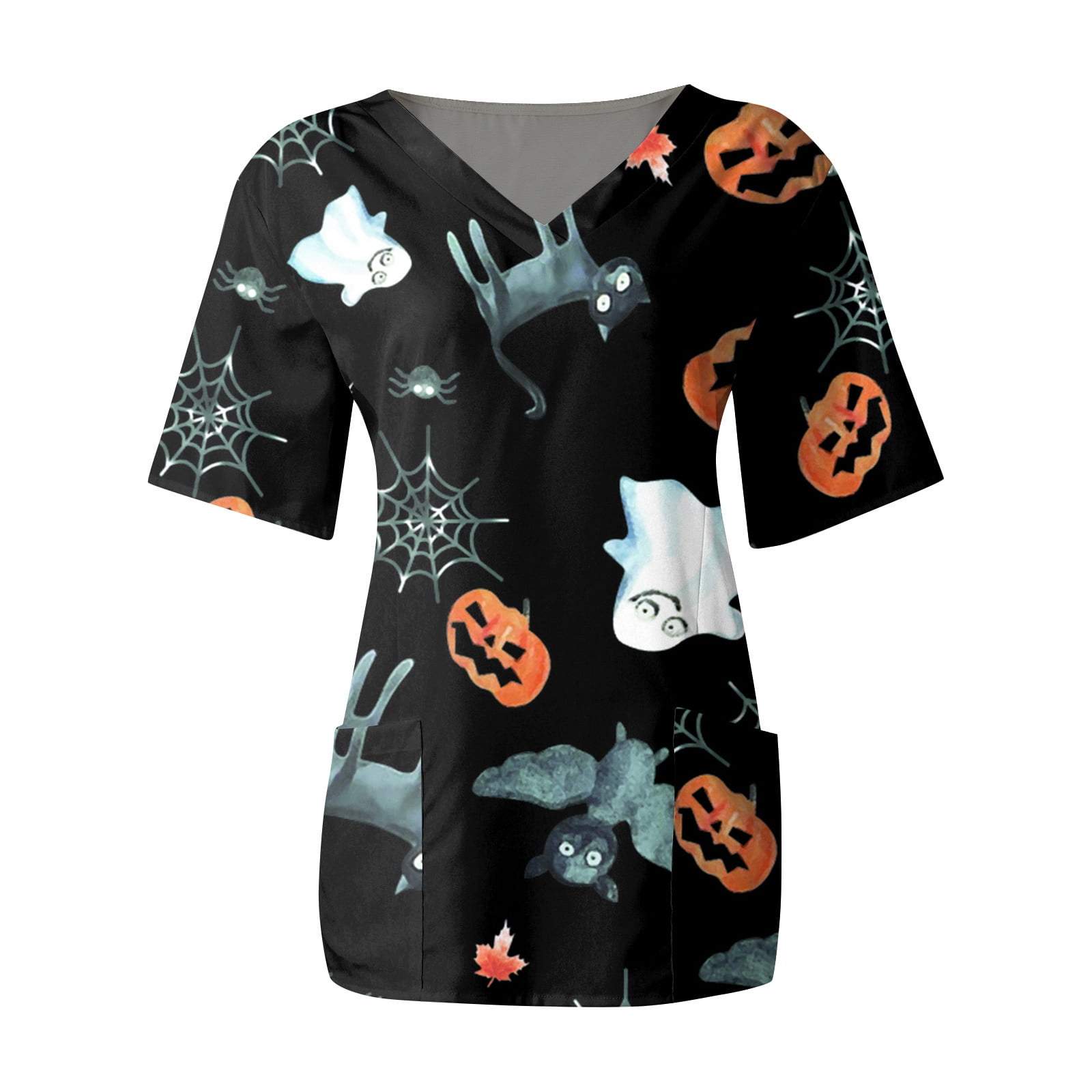 Women's Plus Size Scrub Top Short Sleeve Pumpkin Print Scrubs Nurse