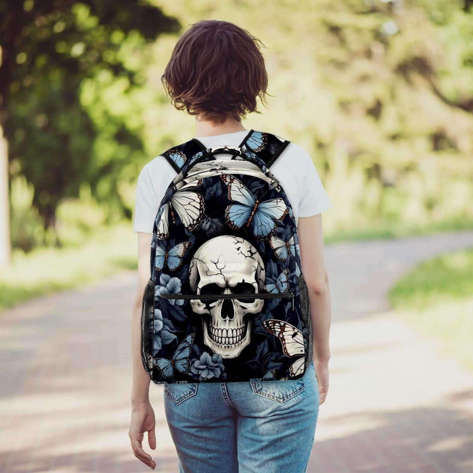 Mini Backpack Daypack with Skull Butterfly Design, 6 Pockets, Water Resistant Lightweight Backpack Skull Butterfly School Bag Travel  main image 2