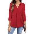 thumbnail image 1 of Blusa Cuello En V Manga 3/4 Color Puro para Mujer Camisa Plisada Suelta Casual para Verano Primavera Rojo XL, 1 of 6