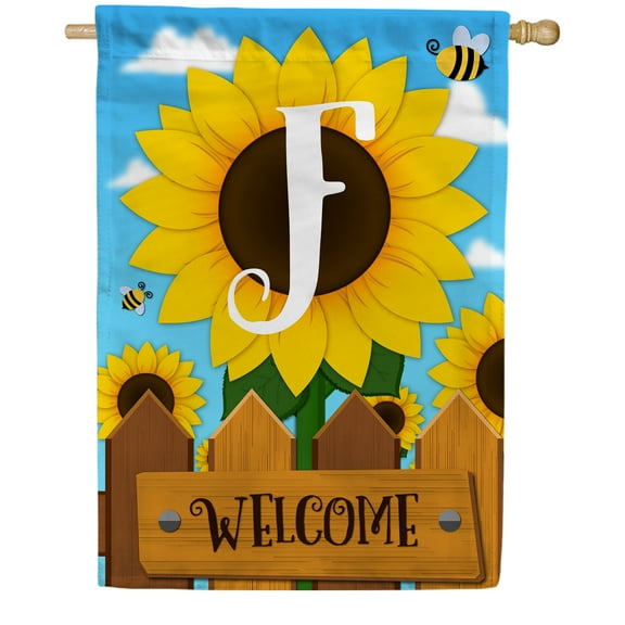 America Forever Spring Monogram House Flag Letter F 28 X 40 inches Double Sided Vertical Outdoor, Yard, Lawn, Beautiful Bright Sunlowers, Floral Design, Honeybee, Summer Welcome House Flag