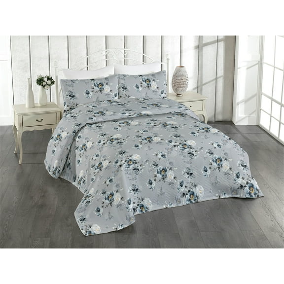 Ambesonne Vintage Quilted Bedspread Set 3 Pcs, Art Flowers Romantic Summer, King, Pale Blue Grey and Marigold