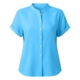 thumbnail image 2 of AKOEE Button Down Linen Shirts for Women Collarless Short Sleeve Casual Dressy Blouses Summer Tops Loose Fit (XL, Sky Blue), 2 of 8