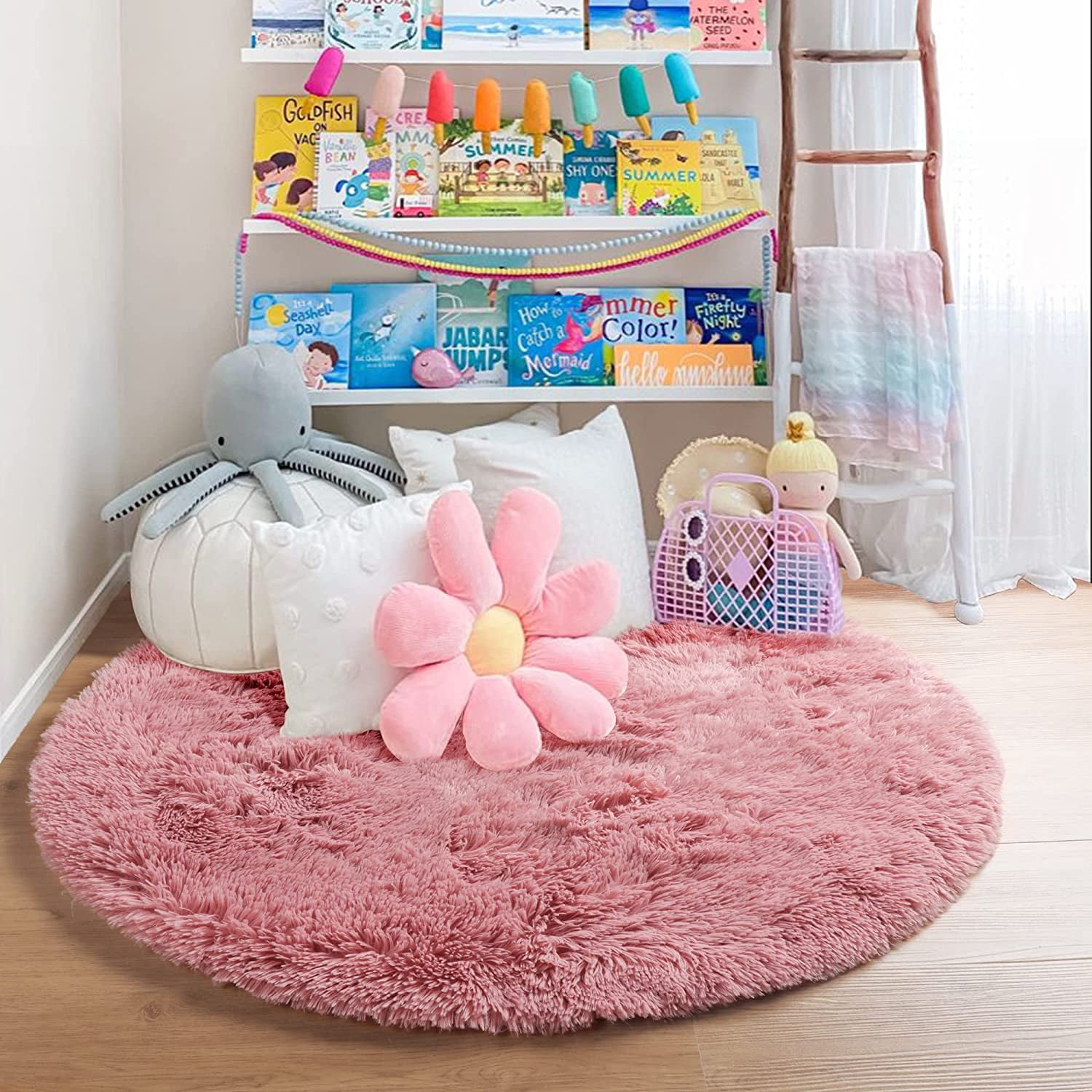 Junovo Round Fluffy Area Rugs For Kids Girls Princess Castle Plush Shaggy Carpet Cute Circle Nursery Rug For Kids Room Bedroom Living Room,4'x4',Blush