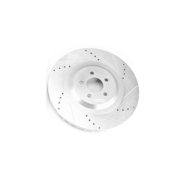Power Stop Brake Rotor AR86002XR Evolution Series; Drilled And Slotted; One Piece Design With Hat; Wheel Bolt Pattern 5x 115 Millimeter; Front; Silver Zinc Plated Cast Iron; Single