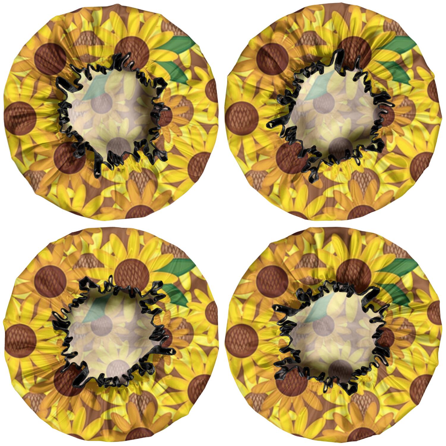Shower Caps,Brown Yellow Sunflower Pattern Waterproof Shower Cap for Women 4 Pieces,Double Reusable Hair Cover for Shower PEVA Elastic Stretch Hem
