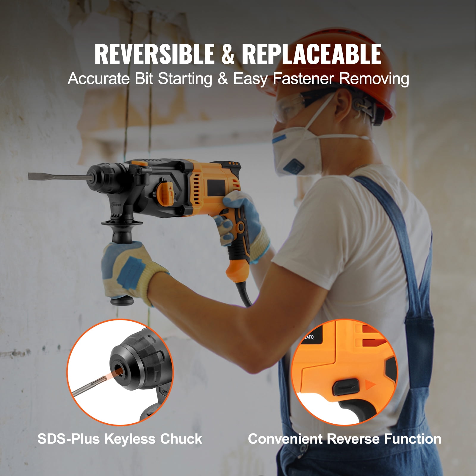 SKYSHALO 1 Inch SDS-Plus 8 Amp Heavy Duty Rotary Hammer Drill, Safety Clutch 4 Functions with Vibration Control Including Grease, Chisels and Drill Bits with Case