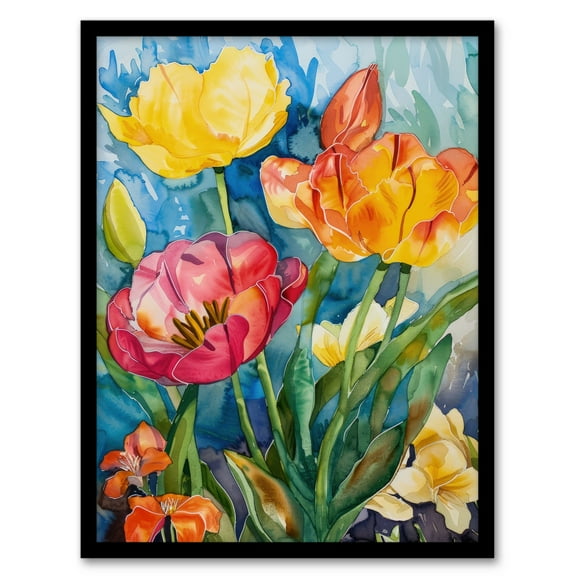 Artery8 Abstract Watercolour Wildflowers Painting Spring For Living Room Art Print Framed Poster Wall Decor 12x16 inch