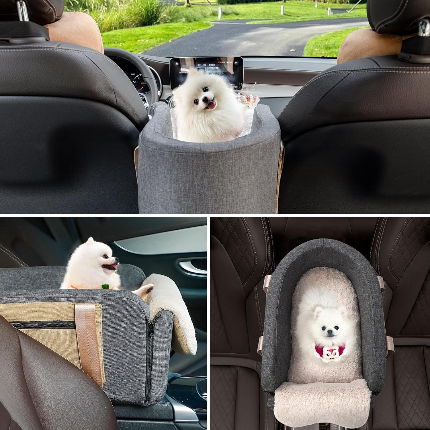 Large Console Dog Car  for Pickup Trucks - Sturdy Booster with Adjustable Straps and Storage Pockets for Small Dogs  to 18lbs