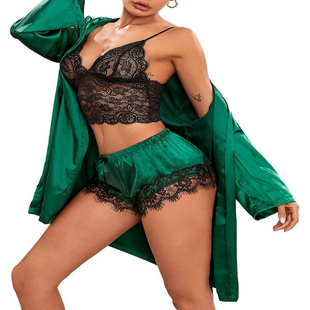 Women 4pcs Silk Satin Pajama Set Lace Trim Top Drawstring Shorts Belted Pajamas Outfit with Robe