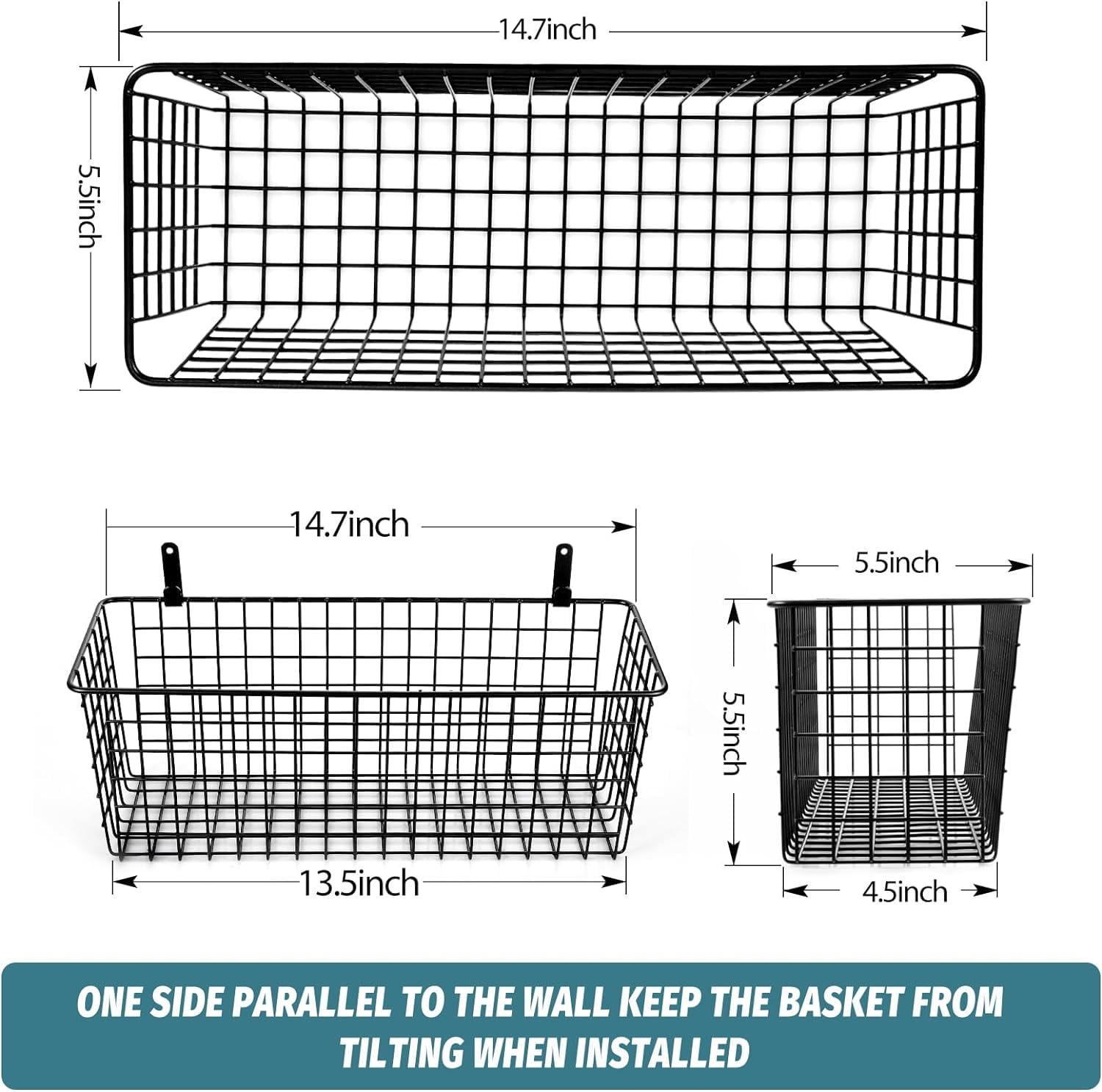 4 Set [EXTRA LARGE] Hanging Wall Mount Storage Baskets with Adhesive Hooks & Steel Hooks, Multiuse Sturdy Wire Metal Organizing Baskets for Home Kitchen Bathroom Pantry Utility Organizer, Black