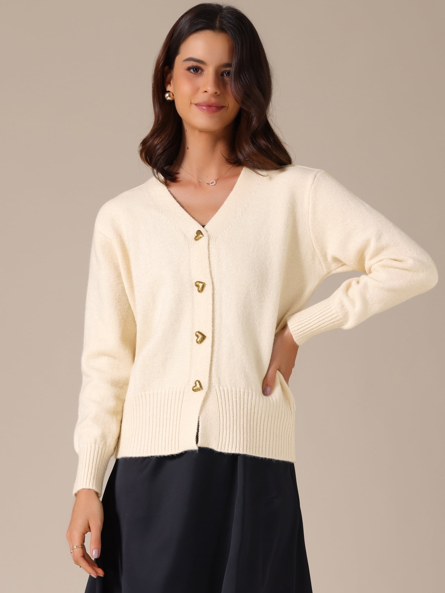 DARING DIVA Women's Knit Button Up Long Sleeve Casual Fall Cardigan M Beige