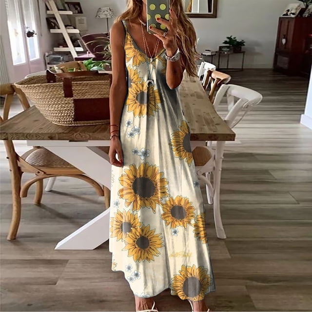 LSLJS Robe Longue Maxi Débardeur à Imprimé Sans Manches à Encolure en V pour Femme, Mode Décontractée, Cadeaux Robe Grande Taille pour Femmes