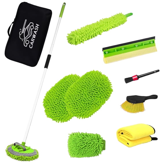 Greatcool 62'' Car Wash Brush with Long Handle Chenille Microfiber Car Wash Mop Mitt Kit Car Detailing Brush Cleaning Kit Window Squeegee Car Duster Drying Towels Tire Brush for Cars RV Truck Boat(G)