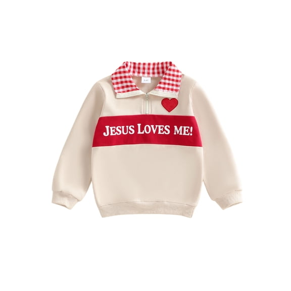 BemeyourBBs Toddler Baby Boy Girl Valentine Outfit Jesus Love Me Sweatshirt Fall Winter Spring Baby Christening Clothes Long Sleeve Plaid Lapel Quarter Zip Pullover Letter Heart Embroidery Tops