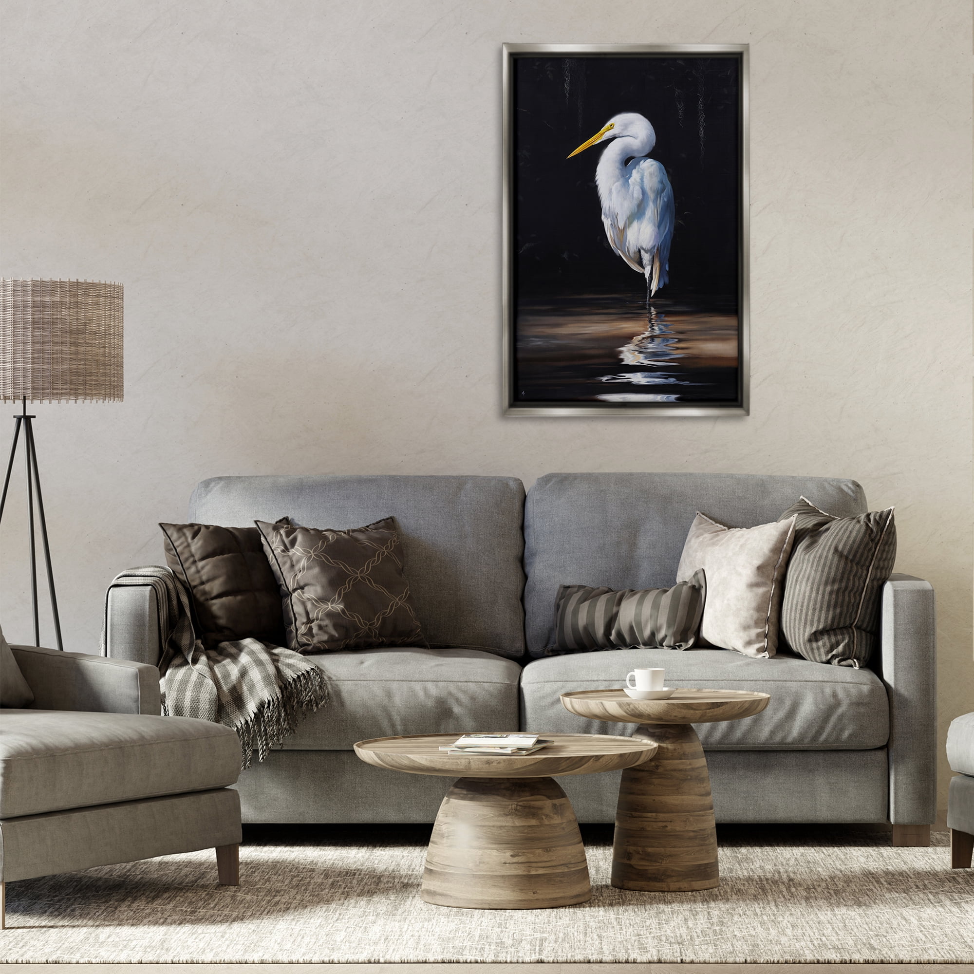 Stupell Industries Balancing Egret Bird Animals Painting Gray Floater Framed Canvas Art Print Wall Art, 21 x 31