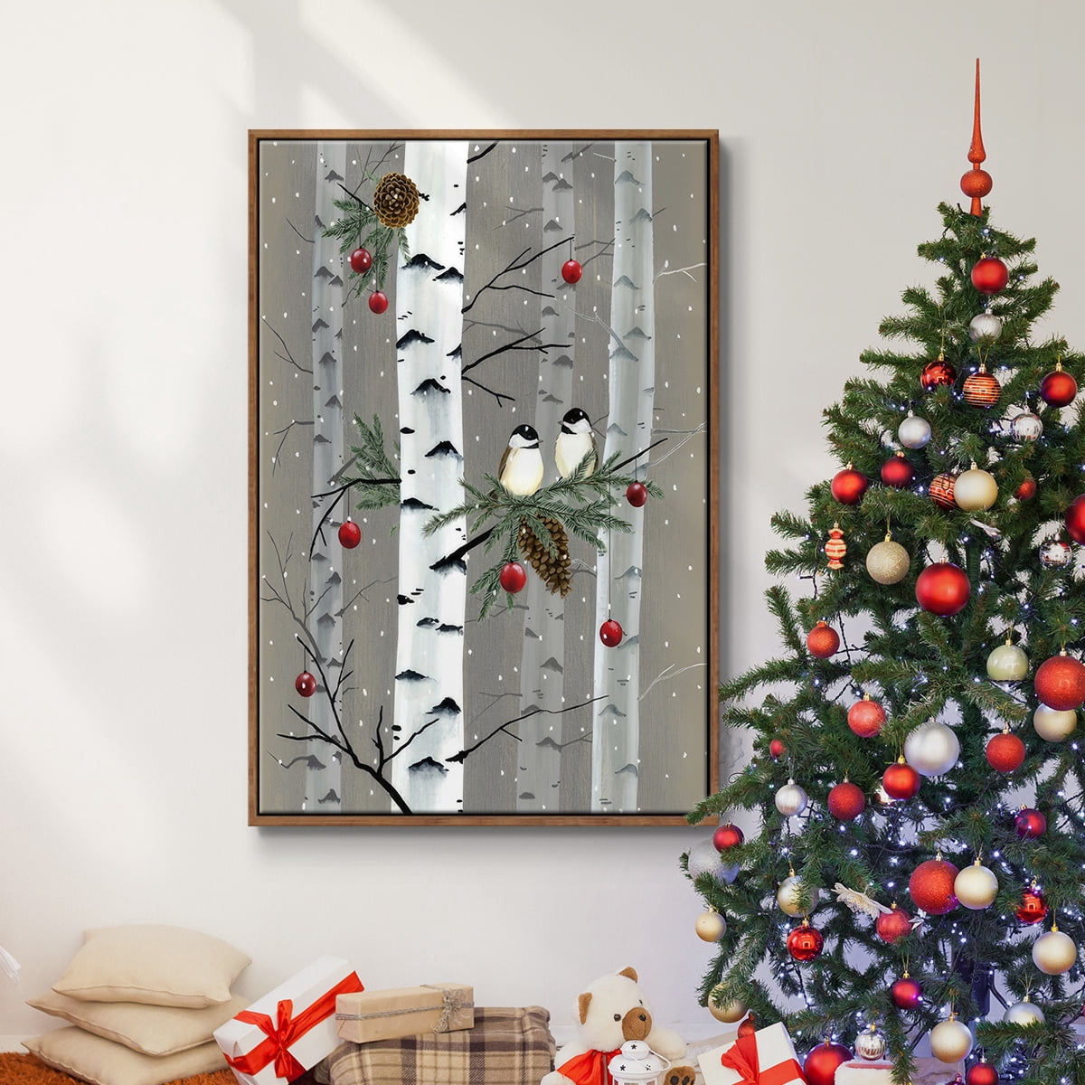 Birch Birds I - Framed Gallery Wrapped Holiday Canvas - 17 x 25 - Rosewood Frame