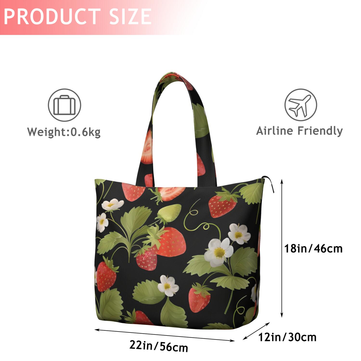 Red Strawberry Plants Fruit Leaf Black Pattern Travel Tote Bags for Women Carry On,Large Weekender Bags for Women Travel,Multi Functional Duffle Bag for Work,Shopping,Sports