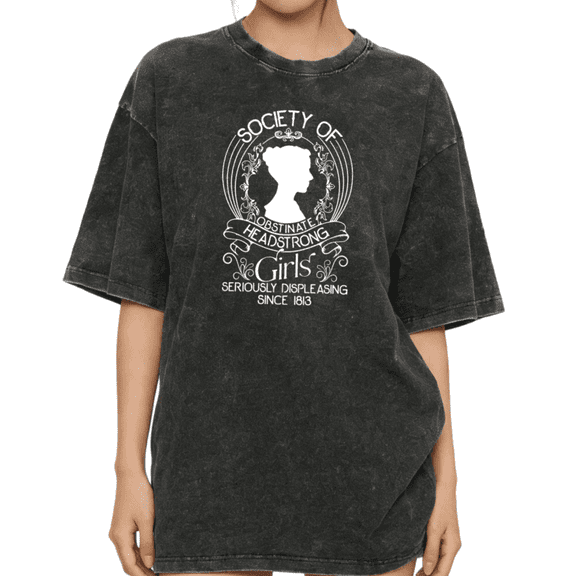 Women's Vintage "Society Of Obstinate Headstrong Girls" Pride And Prejudice Graphic Washed T Shirt Black S-2XL Plus Size