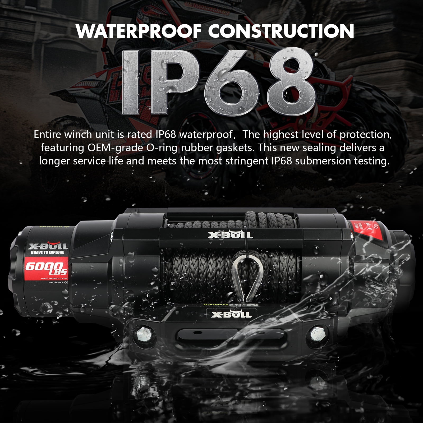 X-BULL 6000LBS IP68 Waterproof Electric Winch 12V 2 in 1 Wireless Remote Synthetic Rope Boat ATV UTV 4WD Winch Off-Road