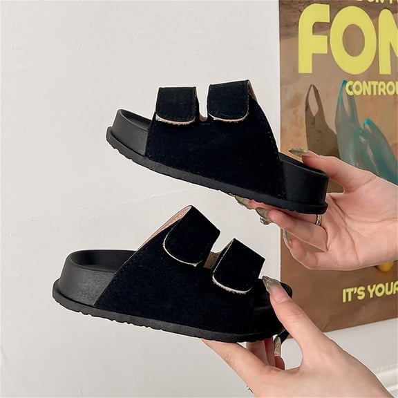 Kids Adjustable Double Strap Slide Sandals Boys & Girls Open Toe Slippers Soft Flat Summer Slides for Casual Daily Wear Black Size 6-7 Years